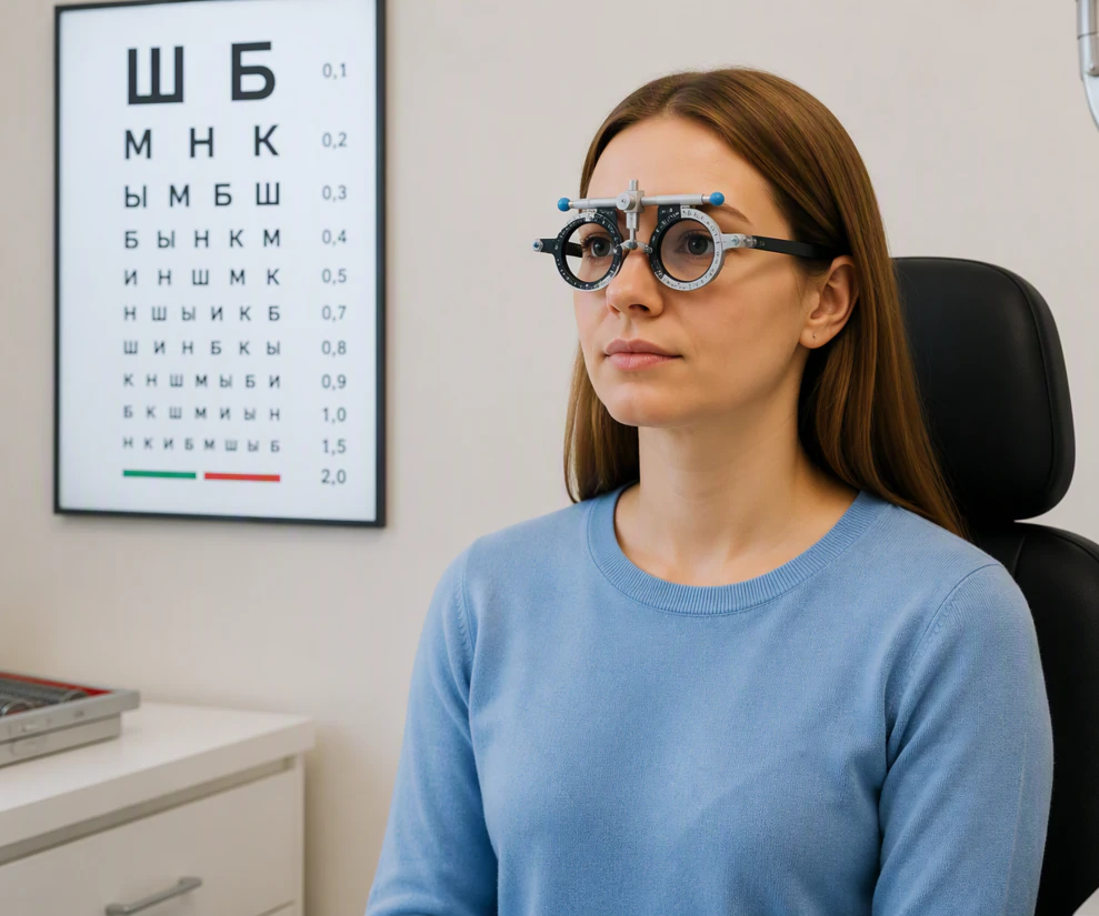 девушка в пробной оправе, проверка зрения, контактная коррекция зрения, приём у врача